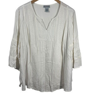 Catherines Top Women 1X White Beaded Cottage Plus Size Boho Embroidery 3/4 Sleev